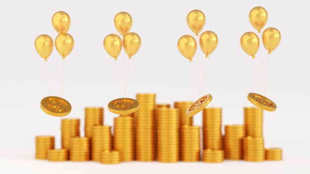 Balloon taking gold coin dollar up on the air money inflation concept 3D rendering