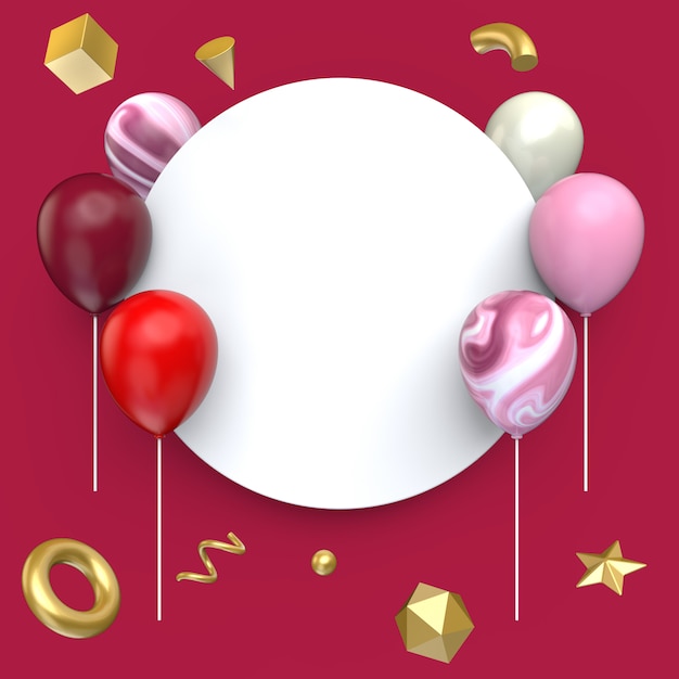 Photo balloon with blank banner style and gold geometry shape, 3d illustration.