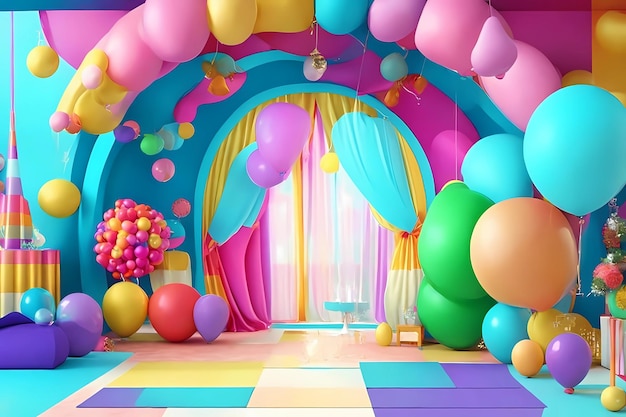 balloons and balloons in a room with a wall of balloons and a door