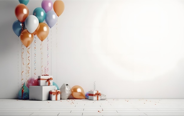 Balloons and balloons in a room with a white wall and a white background.