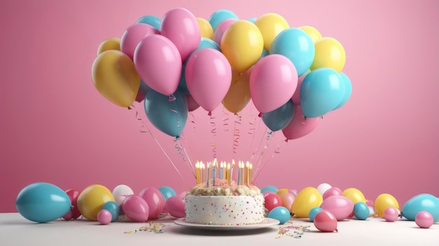 balloons and balloons on a table with a cake and candles