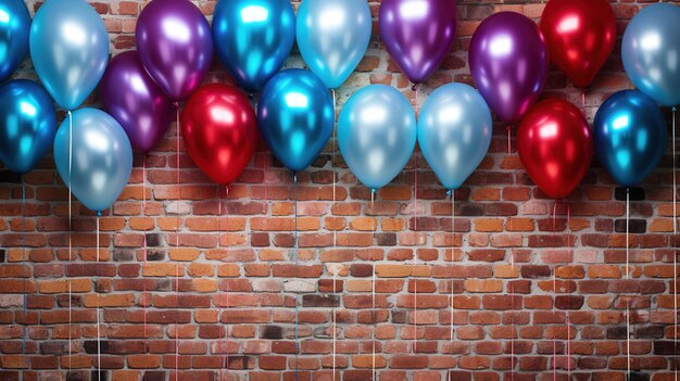 Balloons on a brick wall with a red blue and purple flag