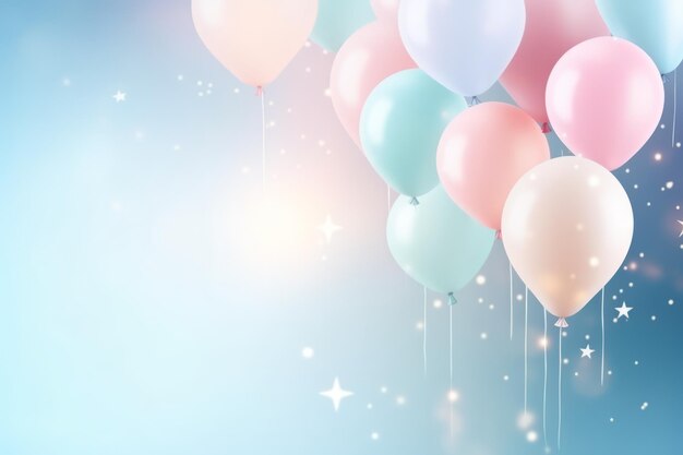 balloons floating over a blue background with stars