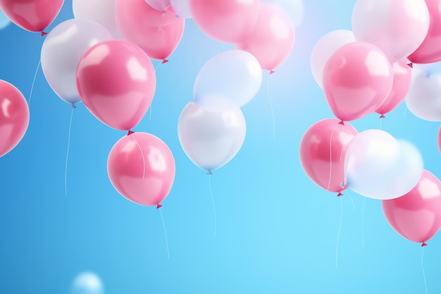 balloons floating over a blue background with stars