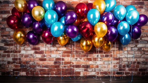 Balloons hanging on a brick wall with a brick background