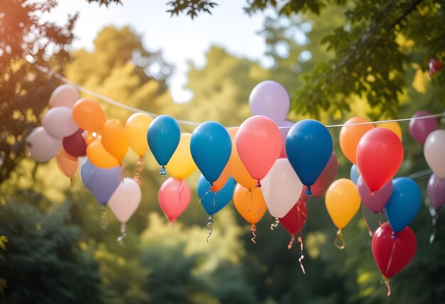 Balloons hanging outdoors against a blurred background of trees and foliage