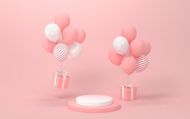 Balloons and presents with pink background 3d rendering