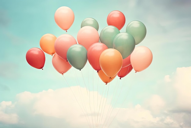 balloons with different colors floating in the sky in the style of retro filters