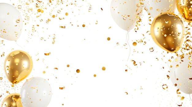 balloons with gold Confetti white background flat lay