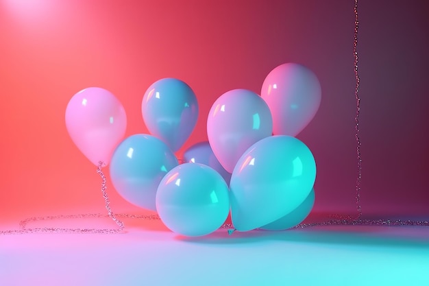 Balloons with neon lights on pastel colors background