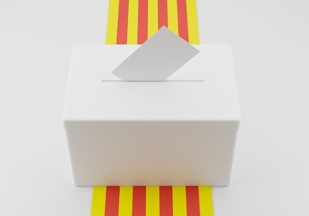 Ballot box with a voting envelope in the slot ready to vote. Catalonia flag