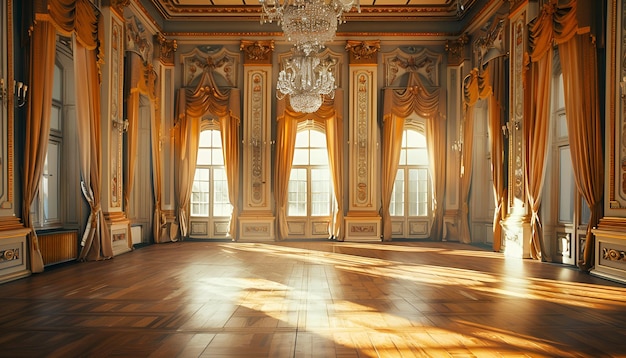 Ballroom interior beautiful banquet hall in royal medieval castle with curtains Empty room for ceremony and events