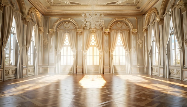 Ballroom interior beautiful banquet hall in royal medieval castle with curtains Empty room for ceremony and events