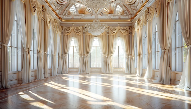 Ballroom interior beautiful banquet hall in royal medieval castle with curtains Empty room for ceremony and events