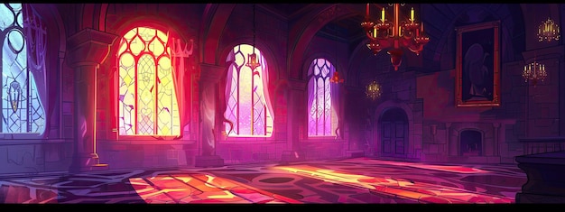 A ballroom in a medieval castle with stained glass windows and rich decor Evening light