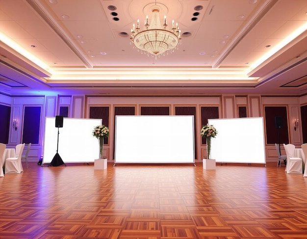 Photo a ballroom with a chandelier and flowers on the floor