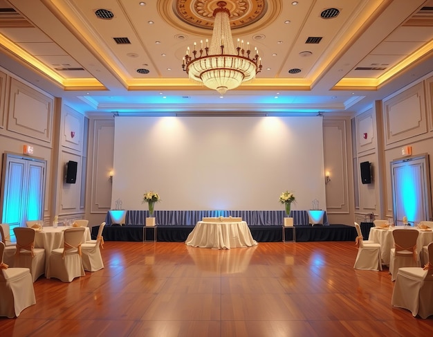 Photo a ballroom with a large screen with a white tablecloth on it