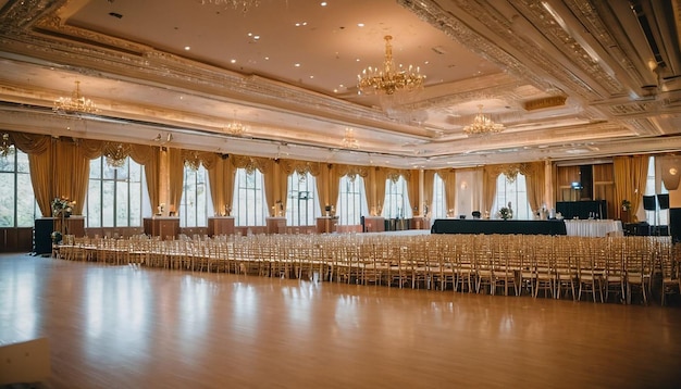 Photo a ballroom with a large stage with a chandelier hanging from the ceiling