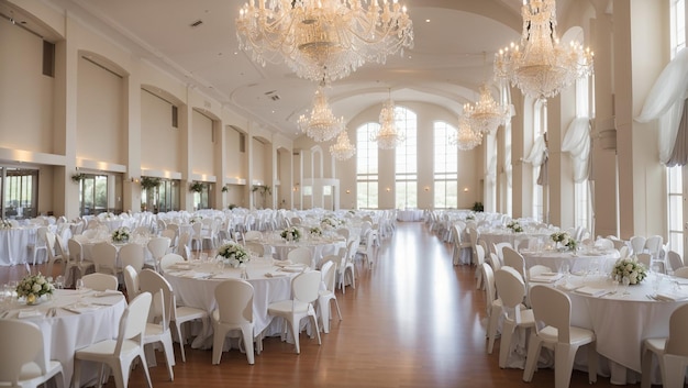 a ballroom with white tables and chairs and white tablecloths