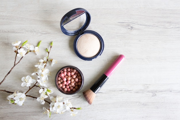 Balls blush and face powder Spring cosmetics Cherry flowers