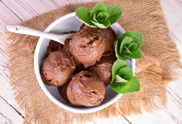 Balls of chocolate ice cream with mint leaves in a bowl Flat lay