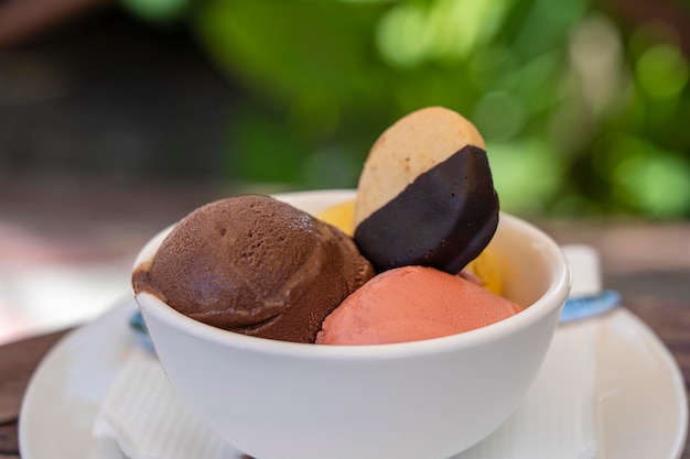 Balls of chocolate strawberry and mango ice cream with cookies in a white bowl closeup