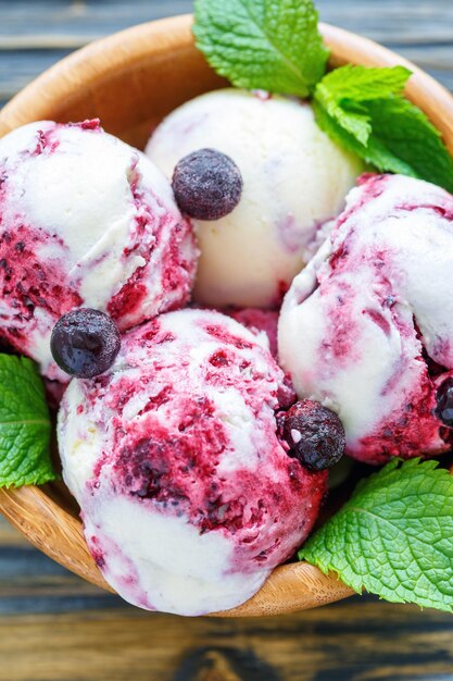 Balls of ice cream with black currant closeup