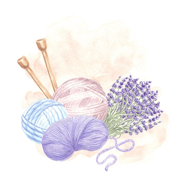 Balls and skeins of yarn knitting needles lavender purple twig arrangement with tangles of wool