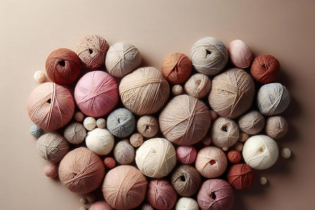 Balls wool colored yarn for hand knitting and crochet in shape heart on wooden background Handmade gift for Valentines Day DIY concept Flat lay copy space