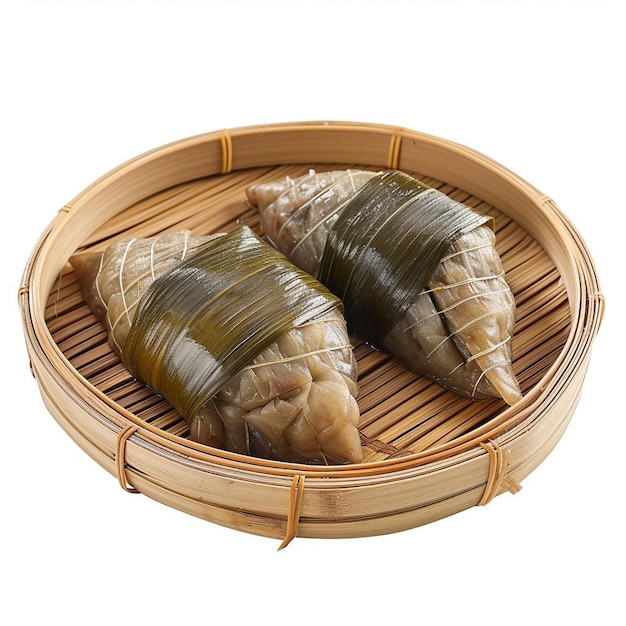 a bamboo basket filled with food sitting on top of a table