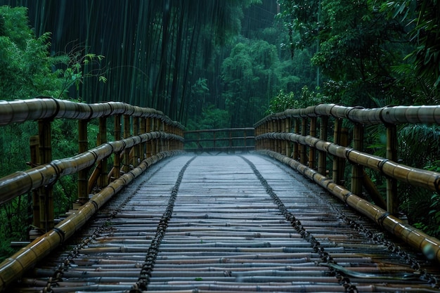 Bamboo bridge leading through lush green forest