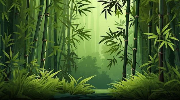 Bamboo forest background with green grass and plants Vector illustration Generate Ai