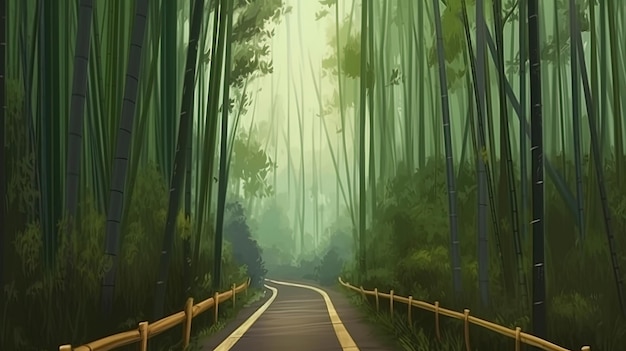 A bamboo forest with a path that leads to the top.