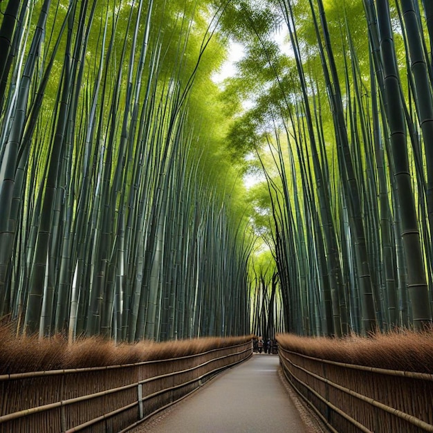 a bamboo forest with a person walking through it