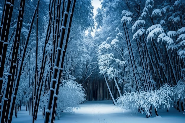 Bamboo forest with snow covered trees winter wonderland