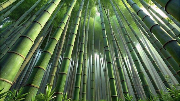 bamboo forest with the sun shining through the clouds