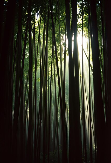 Photo bamboo forest with sun shining through it and the sun shining through it