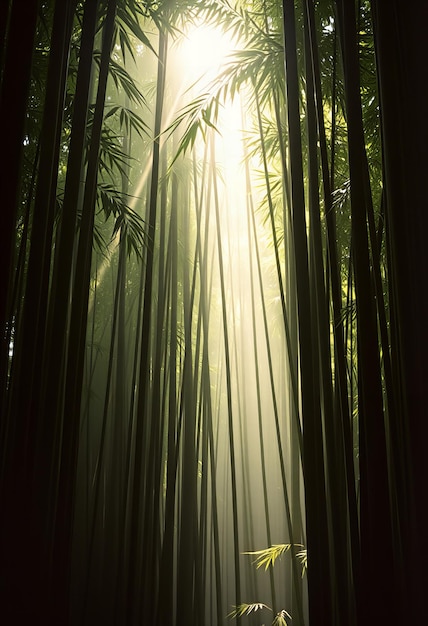 Photo bamboo forest with a sun shining through them