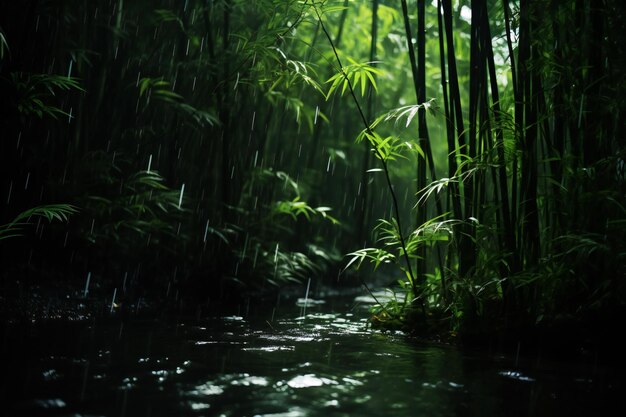 Bamboo forest with water stream at night Shallow depth of field