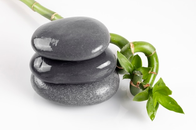 Bamboo and gray stones on white background.