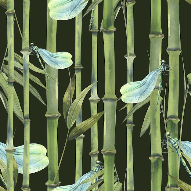 Bamboo grove with stems and leaves with dragonflies Oriental style watercolor seamless pattern For decoration and design of fabrics textiles wallpaper paper covers paper clothes