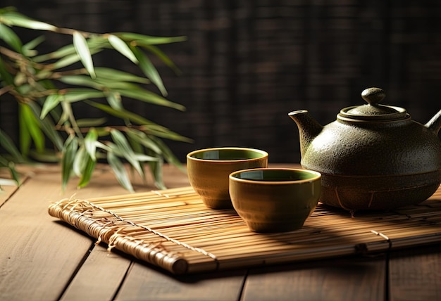 Bamboo leaves on table with kitchenware