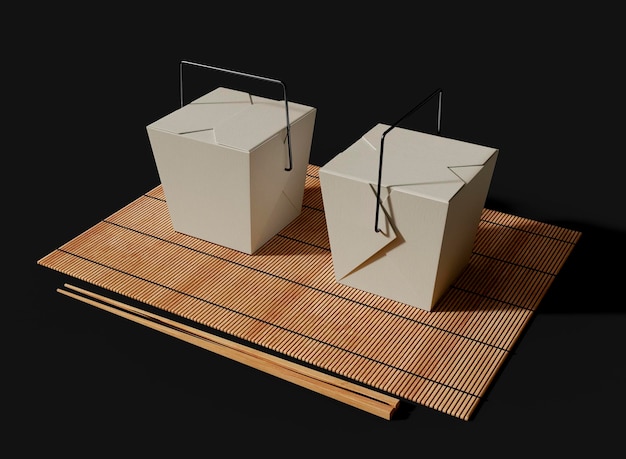 Bamboo Mat with Kraft Noodle Boxs and Chopsticks