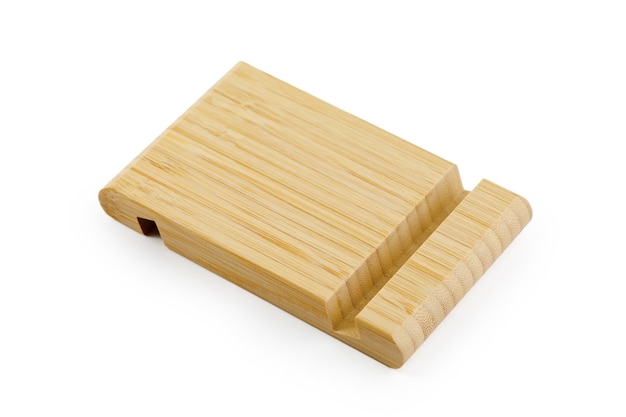 Bamboo phone stand on a white isolated background.