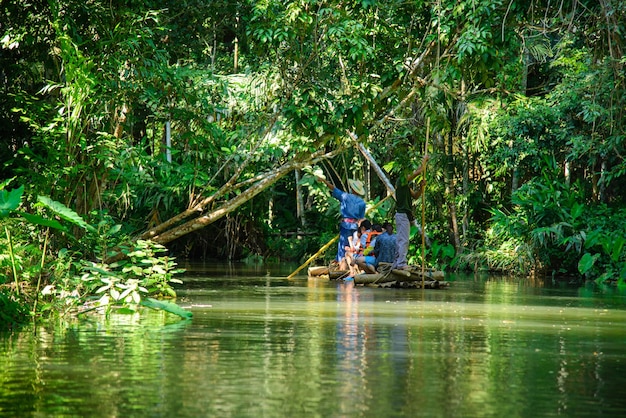 Bamboo rafting in green tropical scenery as a tour for tourist in Mae Wang District Chiang Mai.