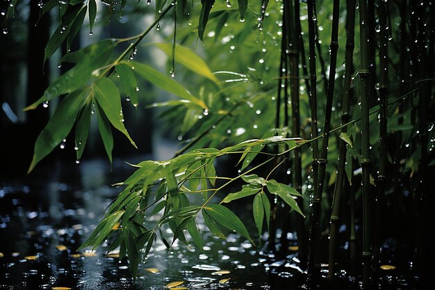 Photo bamboo serenade raindrops on the bamboos in the forest