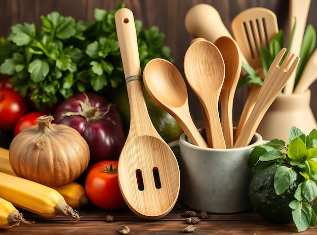 Bamboo Spatula Flipping Roasted Vegetables on Rustic Baking Tray