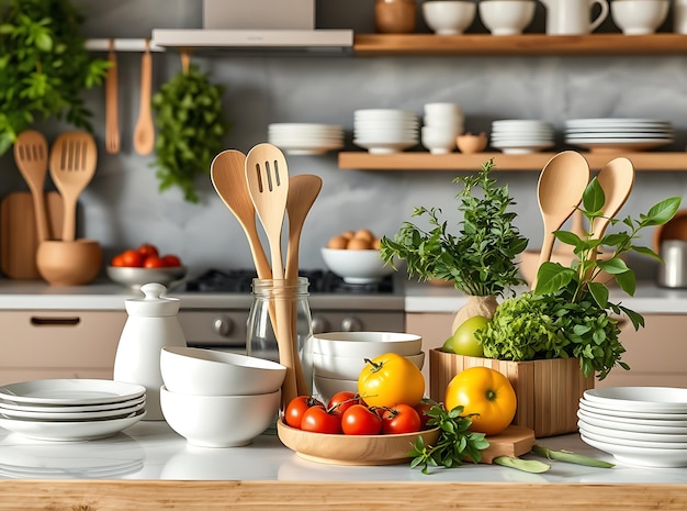 Bamboo Spoon Stirring Soup in Minimalist Kitchen