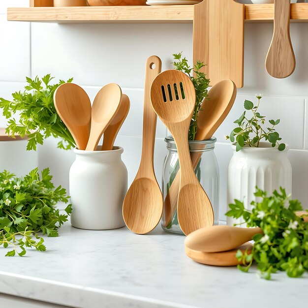 Bamboo Spoon Stirring Soup in Rustic Kitchen with Ceramic Dishware