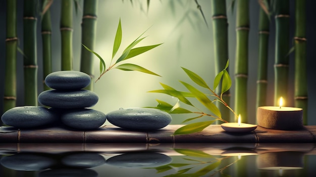 Bamboo sticks and stones on a table with a green background